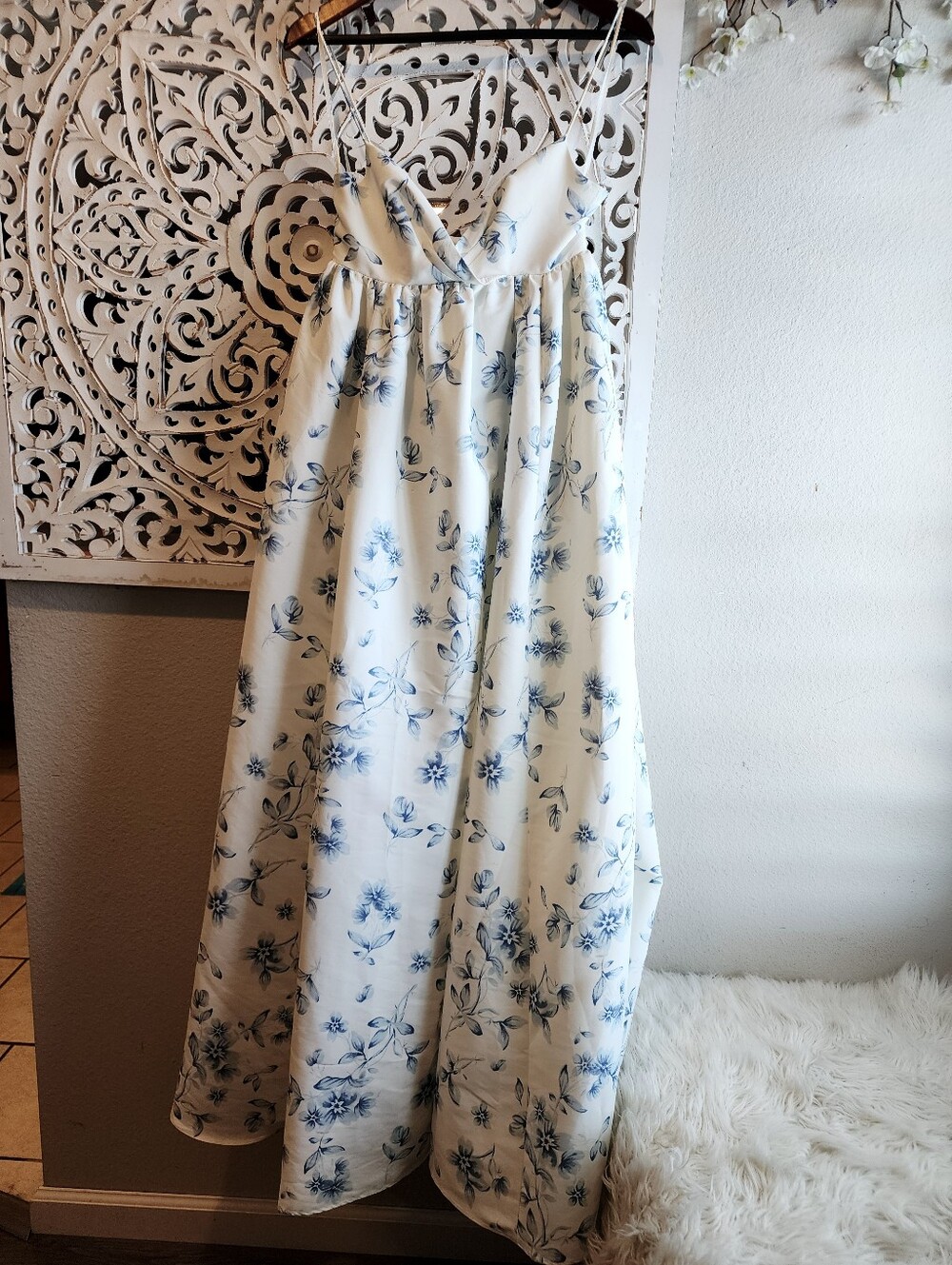 SACHI & BABI PALM WE LGOWN MAXI DRESS BLUE FORAL ADJUSTABLE STRAPS SIDE POCKETS - Picture 6 of 16